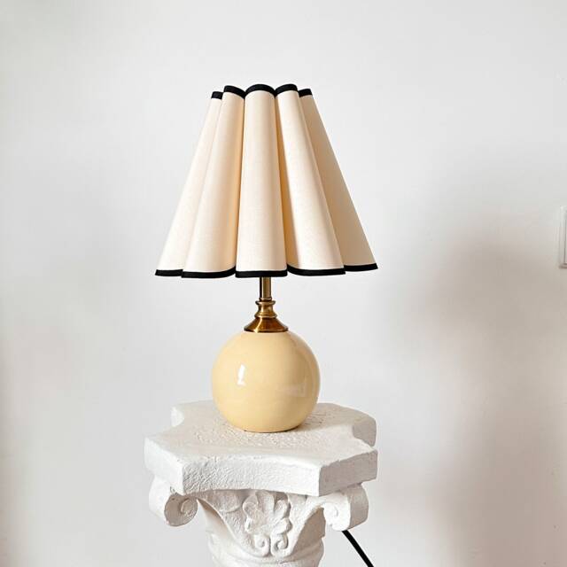 Handmade Beige Ceramic Table Lamp 110-250V, Black Trim Flower Ruffle Fabric Tall Pleated Shade Bedroom Kitchen Living Room Retro Decor - image 1