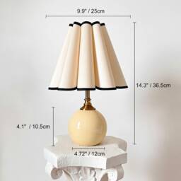 Handmade Beige Ceramic Table Lamp 110-250V, Black Trim Flower Ruffle Fabric Tall Pleated Shade Bedroom Kitchen Living Room Retro Decor - thumbnail 2