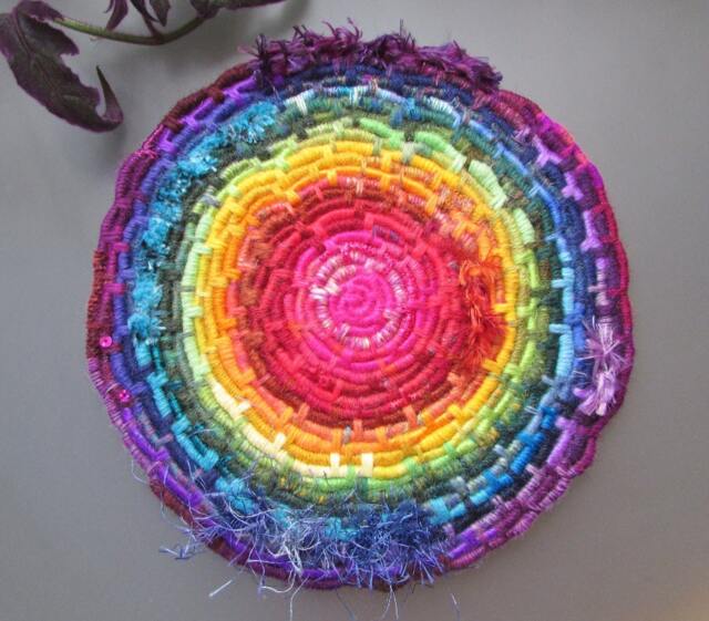Bright Textured Rainbow Disc Coiled Jute Fiber Wall Hanging - Made With A Wide Variety Of Different Yarns - image 1
