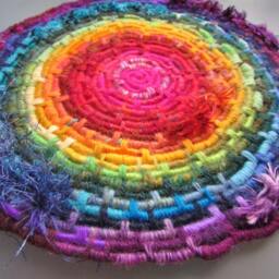 Bright Textured Rainbow Disc Coiled Jute Fiber Wall Hanging - Made With A Wide Variety Of Different Yarns - thumbnail 4