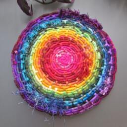 Bright Textured Rainbow Disc Coiled Jute Fiber Wall Hanging - Made With A Wide Variety Of Different Yarns - thumbnail 2
