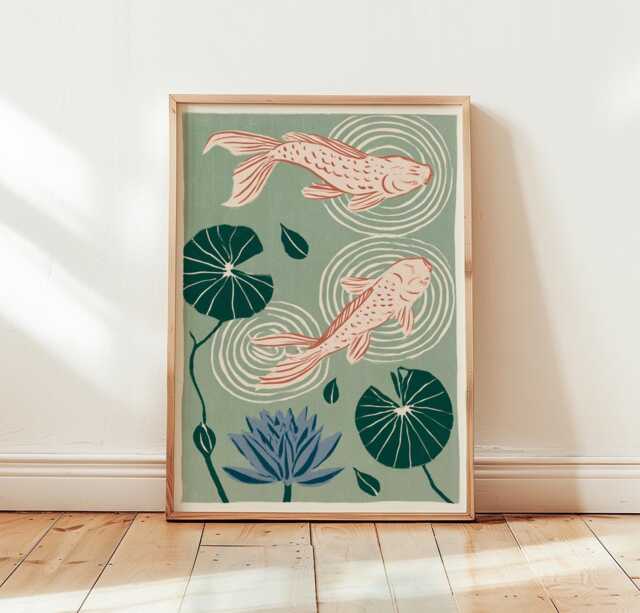 Koi Fish Poster, Water Lily Pond Print, Japanese Wall Art - image 1