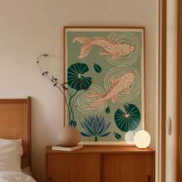 Koi Fish Poster, Water Lily Pond Print, Japanese Wall Art - thumbnail 2