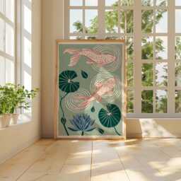 Koi Fish Poster, Water Lily Pond Print, Japanese Wall Art - thumbnail 4