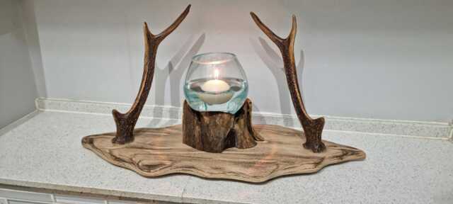 Solid Oak & Real Sika Deer Antler Centerpiece Complete With Molten Glass Bowl On Tree Stump Floating Candle - image 1