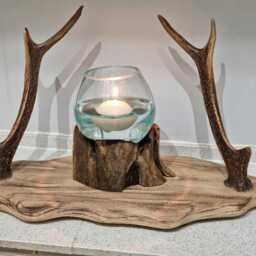 Solid Oak & Real Sika Deer Antler Centerpiece Complete With Molten Glass Bowl On Tree Stump Floating Candle - thumbnail 3