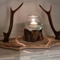 Solid Oak & Real Sika Deer Antler Centerpiece Complete With Molten Glass Bowl On Tree Stump Floating Candle - thumbnail 4