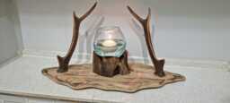 Solid Oak & Real Sika Deer Antler Centerpiece Complete With Molten Glass Bowl On Tree Stump Floating Candle