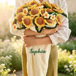 Custom Crochet Sunflower Bouquet Blanket, Embroidered Name, Graduation Gift - thumbnail 3