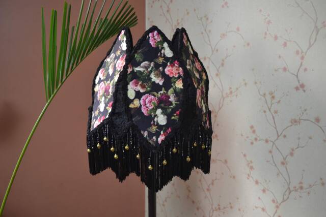Floral Velvet Lampshade Black Rayon Fringe, Beaded Dangle - image 1