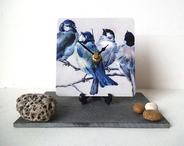 Blue Birds Desk Clock - Vintage Reproduction Art, Square Wooden - image 1