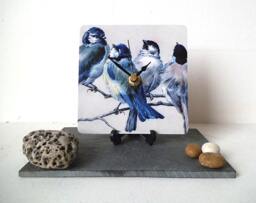 Blue Birds Desk Clock - Vintage Reproduction Art, Square Wooden