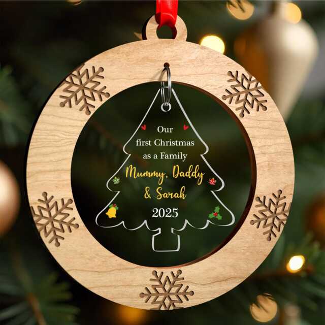 Personalised First Christmas As A Family Decoration Ornament, Our Bauble, Wooden New Parents With Red Bag - image 1