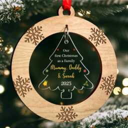 Personalised First Christmas As A Family Decoration Ornament, Our Bauble, Wooden New Parents With Red Bag - thumbnail 2