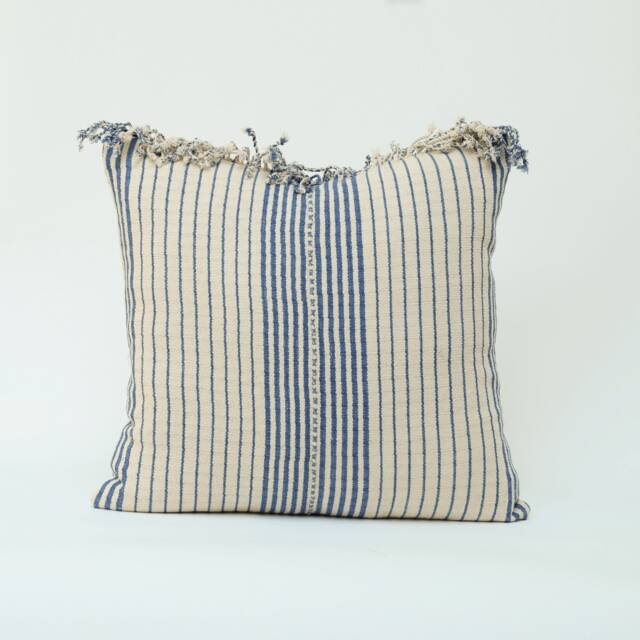 Handwoven Hill Tribe Cotton Throw Pillow Cover, Blue Striped Tassel Cushion - 20x20 - image 1