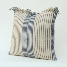 Handwoven Hill Tribe Cotton Throw Pillow Cover, Blue Striped Tassel Cushion - 20x20 - thumbnail 3