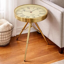 Vintage Brass Tripod Clock Coffee Table - Roman Numeral Round Antique Side Luxury Furniture Decor - thumbnail 2