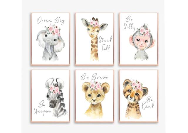 Safari Floral Animals, Nursery Prints, Decor, Girls Nursery, Bedroom - image 1