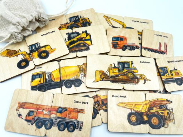 Wooden Construction Truck Matching Puzzle Game/ Homeschool Montessori Toddler Kids Car Activity - image 1