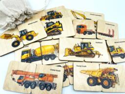 Wooden Construction Truck Matching Puzzle Game/ Homeschool Montessori Toddler Kids Car Activity