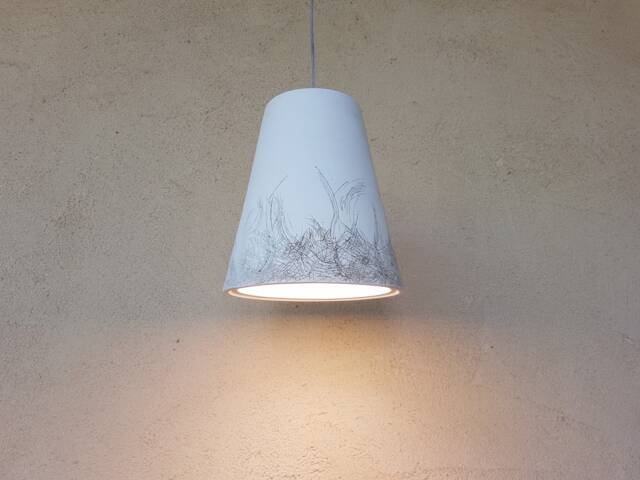 Handmade Ceramic Pendant Lamp Off White Cone Light With Scratched Texture - image 1