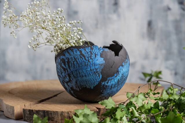 Large Blue & Black Ceramic Pot - Modern Succulent Planter - image 1