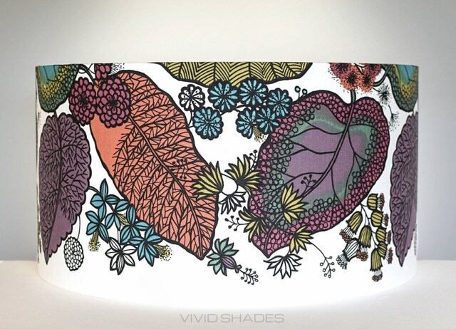 60cm Large Tropical Leaf Lampshade Handmade By Vivid Shades, Funky Scandinavian Fabric, Floral Rainforest Drum Orange Purple Green - image 1