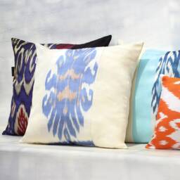 Ivory Cream & Light Blue Silk Ikat Throw Pillow Cover 18 X - Decorative Dust & Beige Square Case Designer - thumbnail 3
