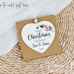 First Christmas Engaged Pink Rose Tree Decoration, Ceramic Heart Bauble, Hanging Ornament, Engagement Gift Style1 - thumbnail 2