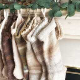 Neutral Tones Christmas Stocking Hand Knit Minimalist Mantel Decor - thumbnail 2