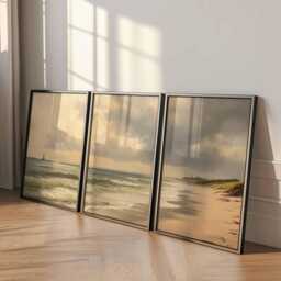 Coastal Beach Prints Set Neutral Seaside Landscape Wall Art - thumbnail 3