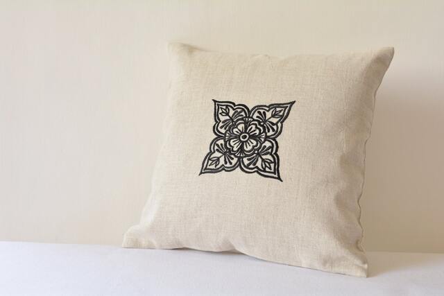 Henna Pattern Pillow Cover, Embroidered Cotton Linen Cushion - image 1