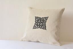 Henna Pattern Pillow Cover, Embroidered Cotton Linen Cushion - thumbnail 1