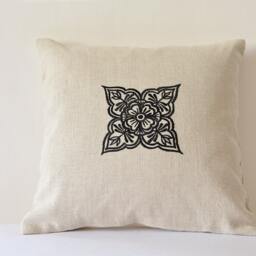 Henna Pattern Pillow Cover, Embroidered Cotton Linen Cushion - thumbnail 3