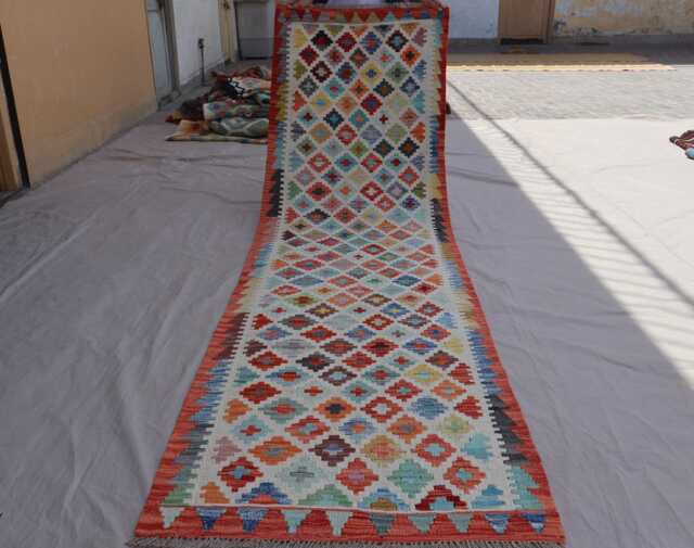 3x10 Runner Rug, Afghan Authentic Handmade Kilim Wool Rug, Geometric Patterns Multicolor Natural Veg Dyes Flatweave Hallway - image 1