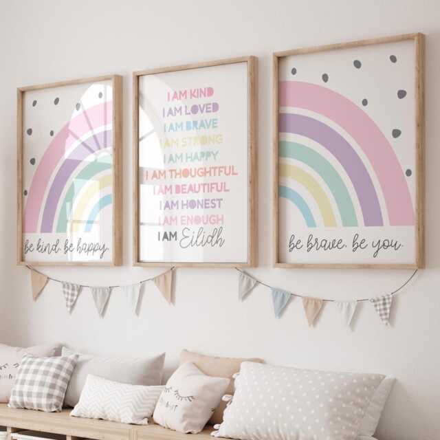 Set Of 3, Girls Personalised Nursery Prints, Rainbow Wall Art, Toddler Bedroom, , Bedroom Decor, Playroom, Affirmations - image 1