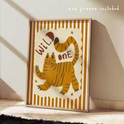stripey Wild Tiger Print in Orange, Colourful Kids Prints, Bright Childrens Nursery Decor - thumbnail 1