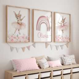 Personalized Ballerina Rabbit Nursery Prints Ballet Wall Art Set