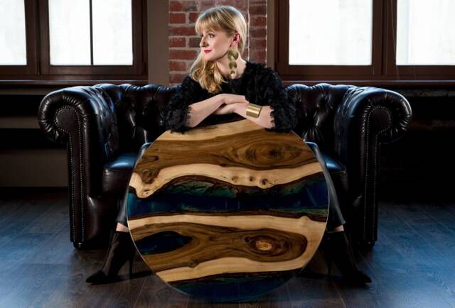Blue Resin Coffee Table Made Walnut Slabs, Epoxy River Table, Live Edge End Table - image 1