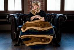 Blue Resin Coffee Table Made Walnut Slabs, Epoxy River Table, Live Edge End Table