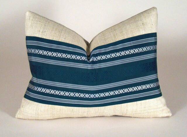 Vintage Japanese Obi Pillow Cover Blue Striped Silk Accent - image 1