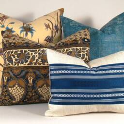 Vintage Japanese Obi Pillow Cover Blue Striped Silk Accent - thumbnail 4