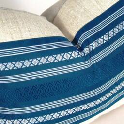 Vintage Japanese Obi Pillow Cover Blue Striped Silk Accent - thumbnail 2
