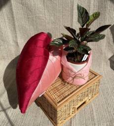 Philodendron Pink Princess Handmade Leaf Pillow, Italian Silk - thumbnail 1