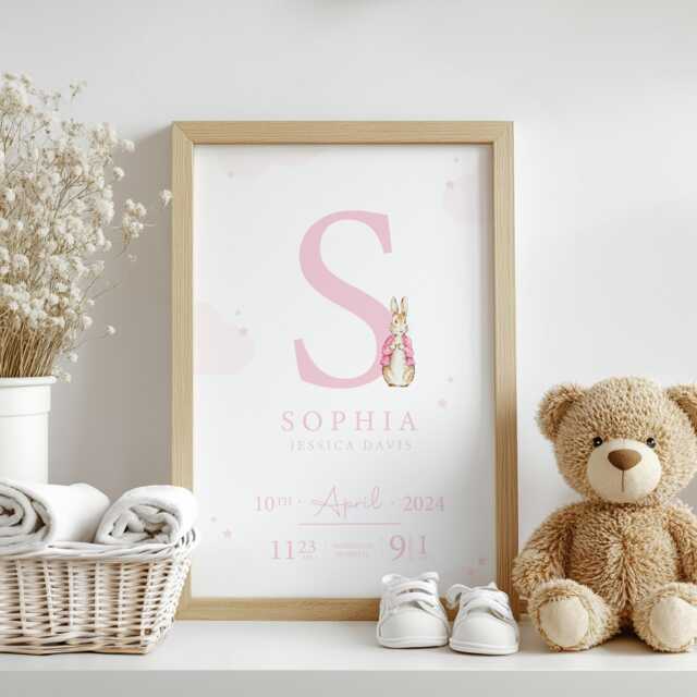 Rabbit Pink Blue Pastel Birth Print, Details, Poster, New Baby Boy Girl Gift, Name Sentimental, Nursery A4 A3 Wall Art - image 1