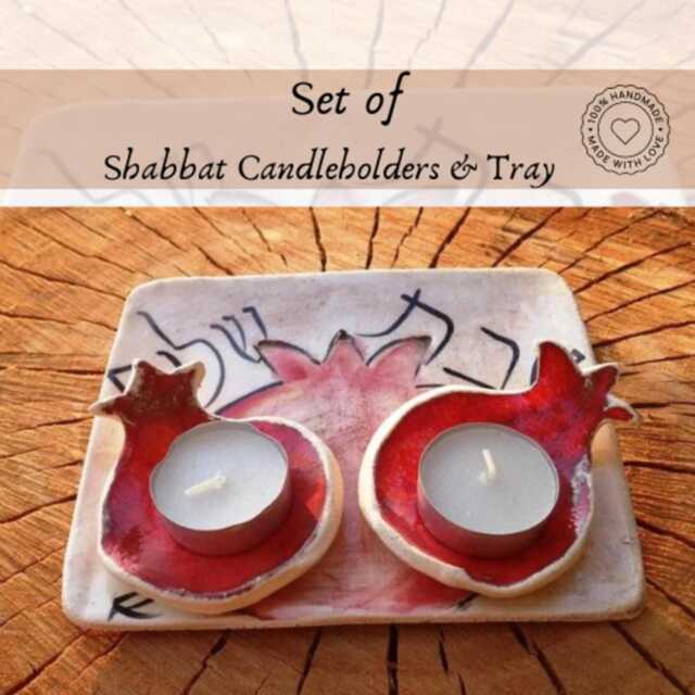 Handmade Ceramic Shabbat Candlestick Set, Pomegranate Candleholders With Tray - image 1