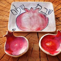 Handmade Ceramic Shabbat Candlestick Set, Pomegranate Candleholders With Tray - thumbnail 3
