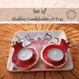 Handmade Ceramic Shabbat Candlestick Set, Pomegranate Candleholders With Tray