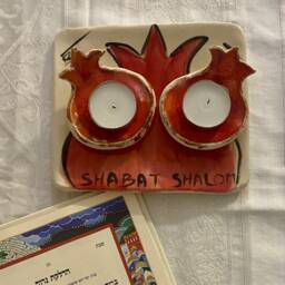 Handmade Ceramic Shabbat Candlestick Set, Pomegranate Candleholders With Tray - thumbnail 2