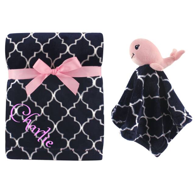 Personalized Blanket & Security Blanket Set For Baby Custom Monogram /Name Embroidered Gift - Pink Whale Set Shower Infant - image 1